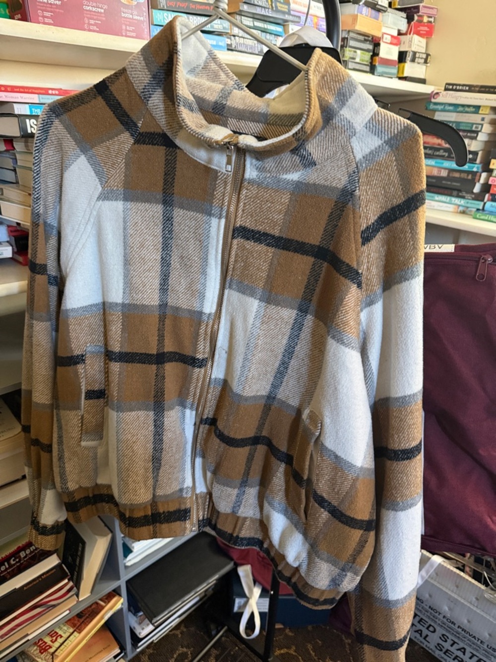 Fashion Nova Tan and White Plaid Zip-Up Jacket